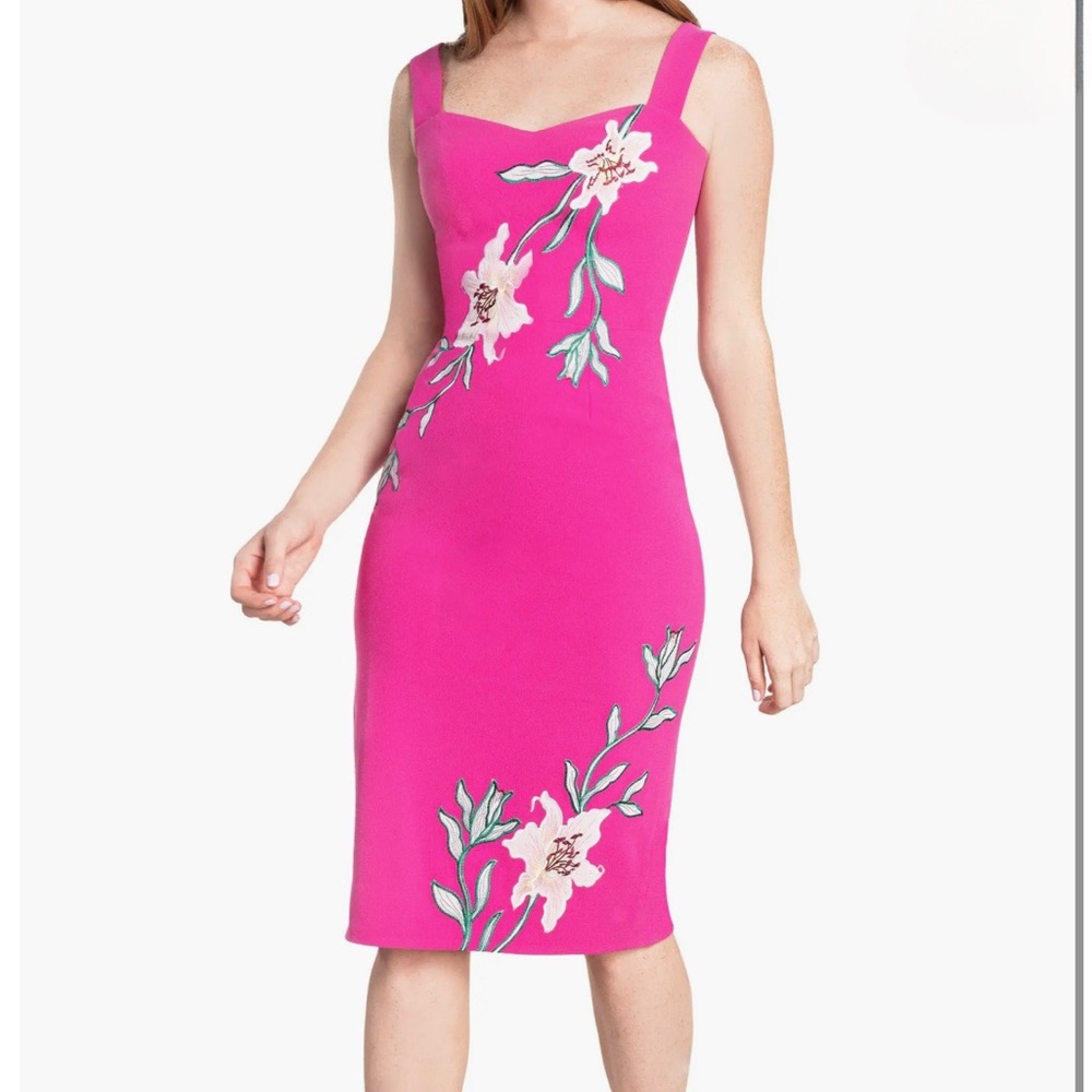 Dress the Population Pink Sheath Midi Dress Sleeveless Square Neck